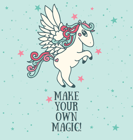 Poster with cute pegasus on starry background, "Make your own magic!" card, can be used as invitation for birthday party, vector illustrationのイラスト素材
