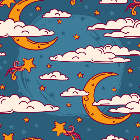 Colorful seamless background for sweet dreams with doodle moons and clouds, vector illustrationのイラスト素材