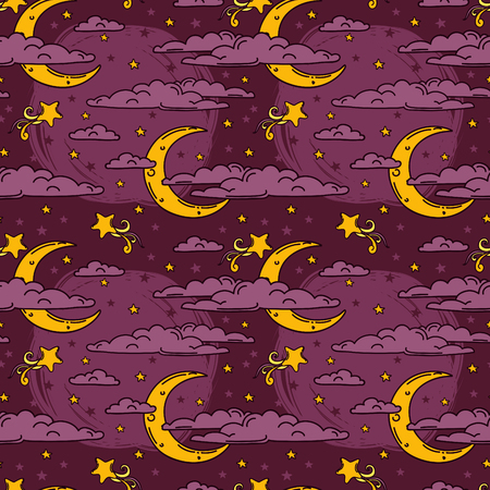 Colorful seamless background for sweet dreams with doodle moons and clouds, vector illustrationのイラスト素材