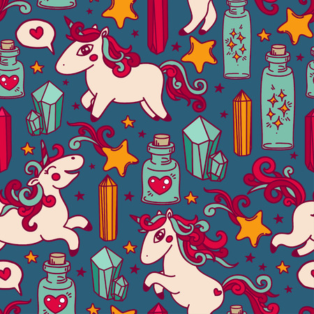 Cute seamless pattern with doodle unicorns, magic crystals and flasks, can be used as decor for playroom, vector illustrationのイラスト素材