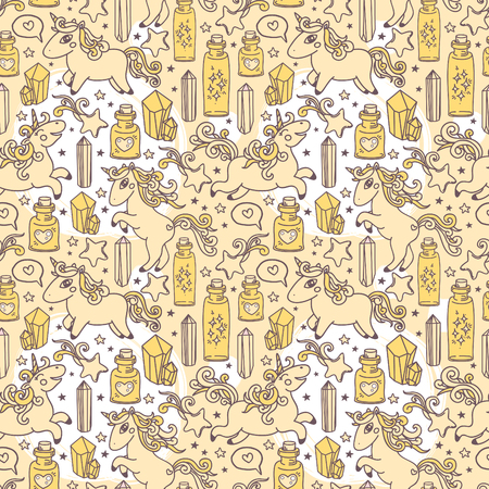 Cute seamless pattern with doodle unicorns, magic crystals and flasks, can be used as decor for playroom, vector illustrationのイラスト素材