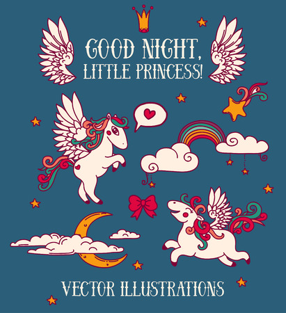 "Good night, little princess" icons set, cute cartoon pegasus and clouds, vector illustrative collectionのイラスト素材