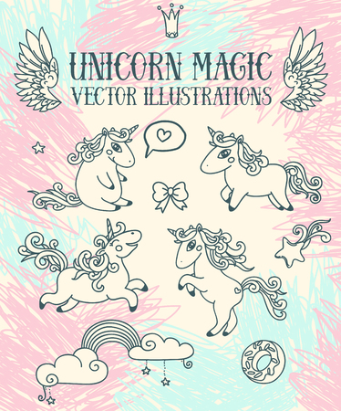 Magic set of cute doodle unicorns, vector illustrationのイラスト素材