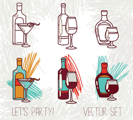 set of alcohol bottles: wine, vermouth and brandy, vector illustrationのイラスト素材