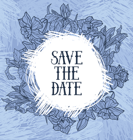 Beautiful "save the date" card with irises and narcissus flowers and place for text, vector illustration.のイラスト素材