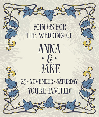 Beautiful wedding invitation in art deco retro style, floral frame, vector illustrationのイラスト素材