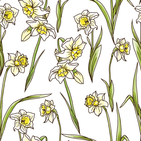 Seamless pattern with narcissus flowers in watercolor style, vector illustrationのイラスト素材