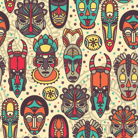 Continuous pattern with tribal African masks illustration.のイラスト素材