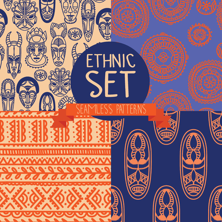 Set of continuous patterns with tribal African masks illustration.のイラスト素材