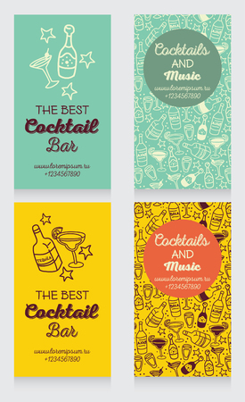 set of business cards for cocktail bar, can be used as party invitation, vector illustration in retro paletteのイラスト素材