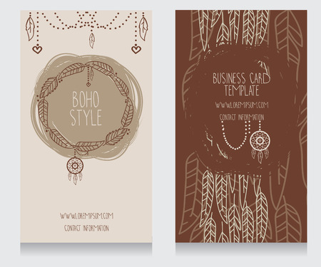 Two cards for boho style, can be used us party invitation or us boho shop business cards, feathers and dream catcher frame, vector illustrationのイラスト素材