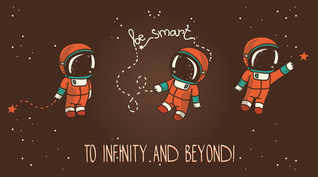 Three cute hand drawn astronauts with stars on starry sky background, cosmic vector illustrationのイラスト素材