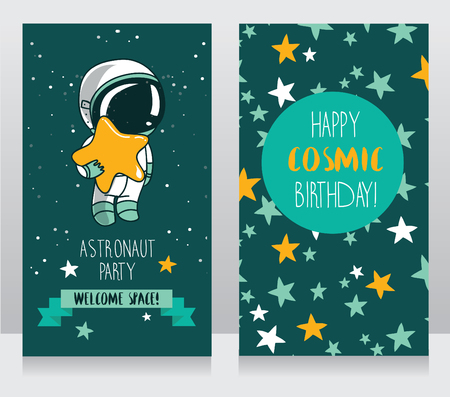 Card with cute astronaut and stars in space for birthday party in cosmic style, vector illustrationのイラスト素材