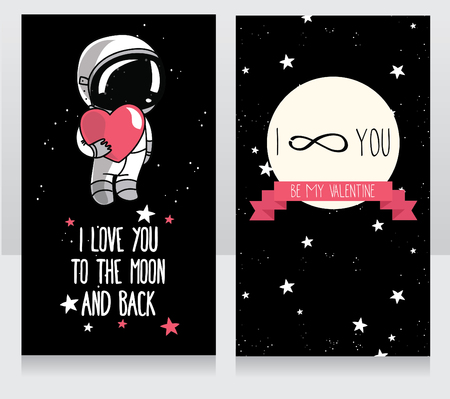 Cosmic cards for valentine's day, doodle astronaut with heart on starry sky, vector illustrationのイラスト素材