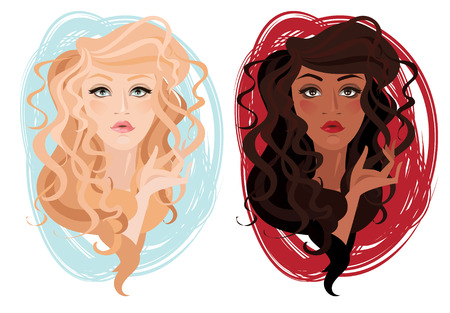 Two vector portrait of beautiful different nations young girls with curly hair, vector illustrationのイラスト素材
