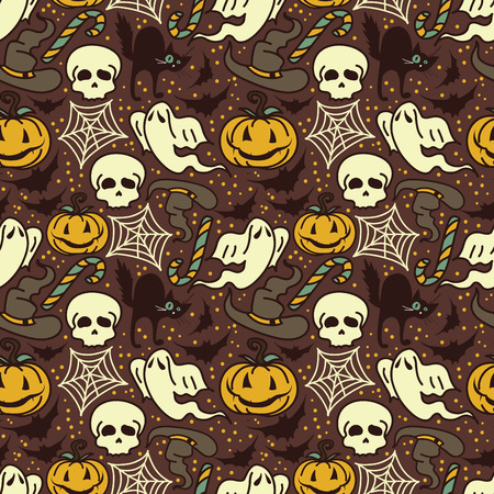Seamless pattern with cute doodle ghosts and pumpkins for halloween, vector illustrationのイラスト素材