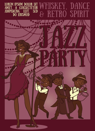 Card template for retro night, silhouette of jazz band on party poster, vector illustrationのイラスト素材