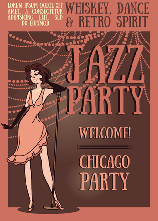Card template for retro night, silhouette of jazz band on party poster, vector illustrationのイラスト素材