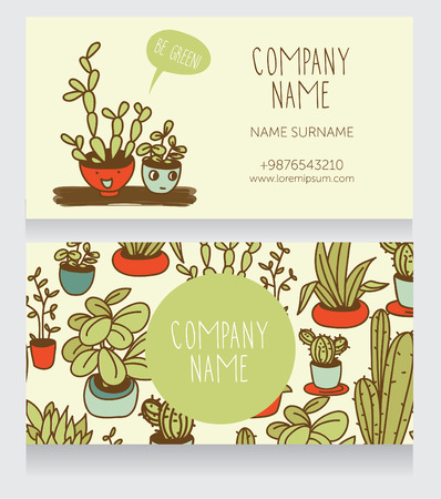 Template for business cards with cute potted plants with funny cartoon faces and speech bubble, vector illustrationのイラスト素材