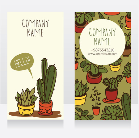 Template for business cards with cute potted plants with funny cartoon faces and speech bubble, vector illustrationのイラスト素材