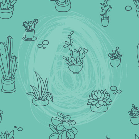 Seamless pattern of cute potted plants, funny cartoon icons, vector illustrationのイラスト素材