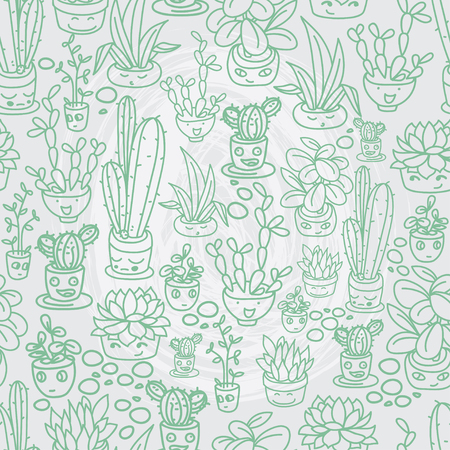 Seamless pattern of cute potted plants, funny cartoon icons, vector illustrationのイラスト素材