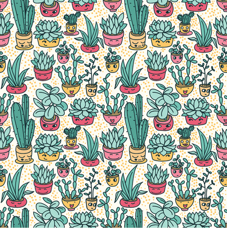 Seamless pattern of cute potted plants, funny cartoon icons, vector illustrationのイラスト素材