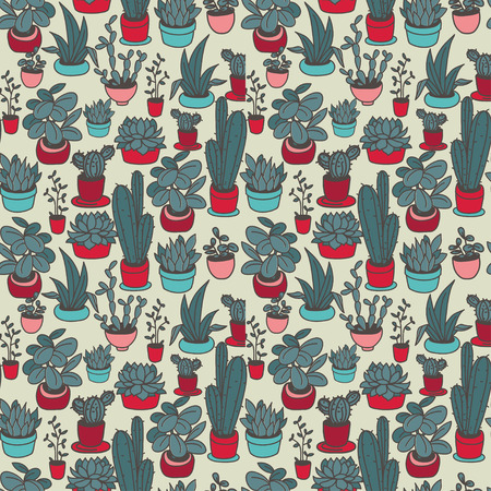Seamless pattern of cute potted plants, funny cartoon icons, vector illustrationのイラスト素材