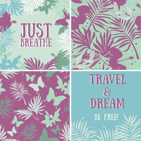 set of vector tropical illustrations: backgrounds and frames, jungle decorationのイラスト素材