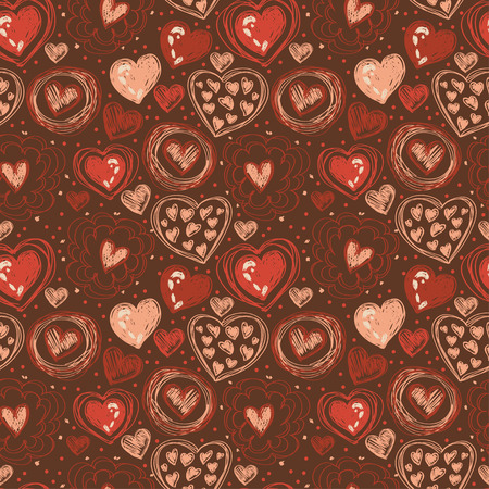 seamless pattern with doodle heart icons for valentines day, retro colors, vector illustrationのイラスト素材