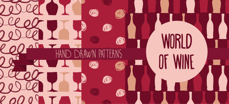 Set of hand drawn seamless backgrounds with bottles and glasses for wine,のイラスト素材