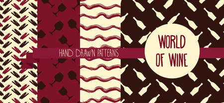 Set of hand drawn seamless backgrounds with bottles and glasses for wine, "world of wine" patterns, vector illustrationのイラスト素材