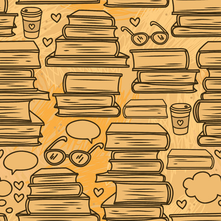 seamless pattern with stacks of books and hearts, vector illustrationのイラスト素材
