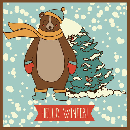 card for winter with cute smile bear in scarf, vector illustrationのイラスト素材