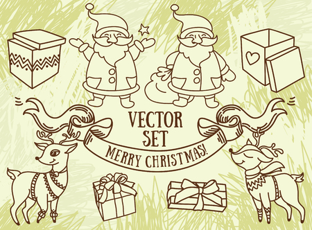 set of vector illustrations for christmas: santa claus, deers and gift boxesのイラスト素材