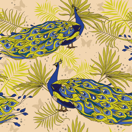 seamless background with beautiful peacocks and palm leavesのイラスト素材