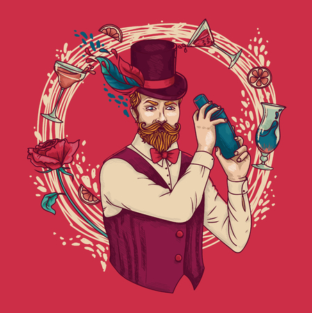 Retro bartender making cocktails, can be used as poster for old fashioned party, vector illustrationのイラスト素材