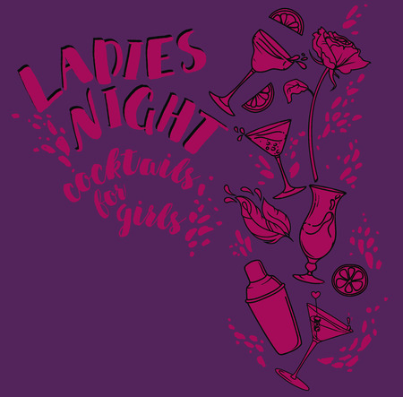Poster for lady's night party with glamor cocktails, splashes and place for text, vector illustrationのイラスト素材