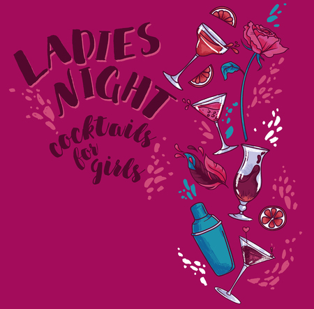 Poster for lady's night party with glamor cocktails, splashes and place for text, vector illustrationのイラスト素材