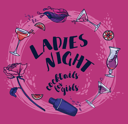 Poster for lady`s night party with glamor cocktails and splashes, vector illustrationのイラスト素材