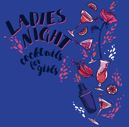 Poster for lady's night party with glamor cocktails, splashes and place for text, vector illustrationのイラスト素材