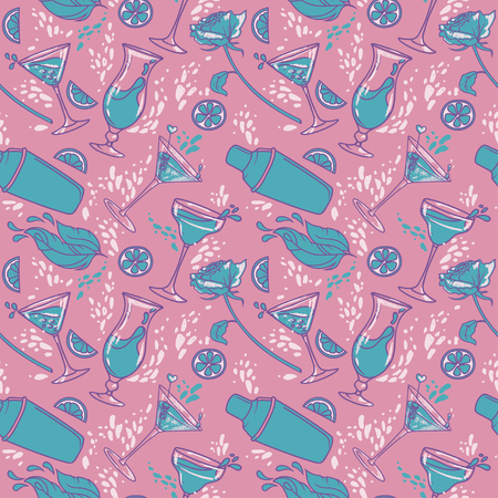 seamless pattern with cocktails, flowers and splashes, can be used for summer party or for bachelorette party, vector illustration in sketch styleのイラスト素材