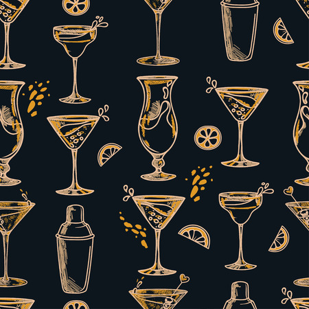 seamless pattern with cocktails, can be used for retro style party, vector illustration in sketch styleのイラスト素材