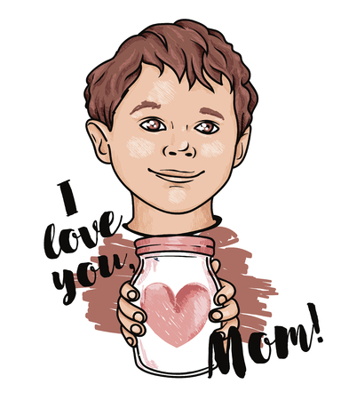 poster for mother's day with cute smiling boy, vector illustration in sketch styleのイラスト素材