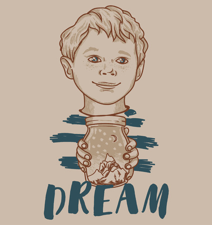 cute boy with mountains in jar, poster for dreams and magic, vector illustrationのイラスト素材