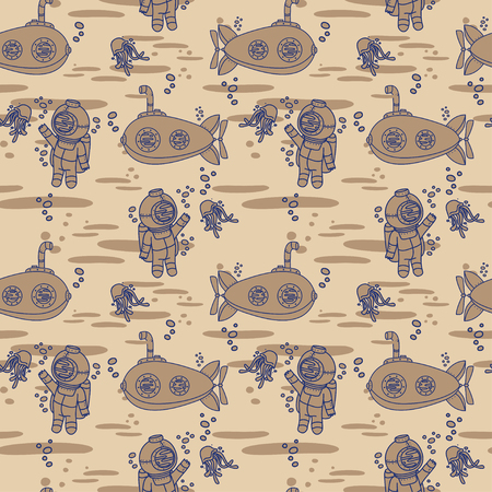 Seamless pattern with cute vintage submarines, jellyfishes and divers, vector illustrationのイラスト素材