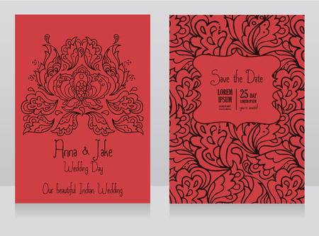 template for wedding invitation in Indian style, red color, traditional paisley ornament, vector illustrationのイラスト素材