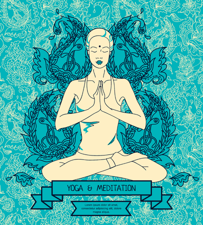 Yoga banner, woman in lotus asana with paisley ornament, vector illustrationのイラスト素材