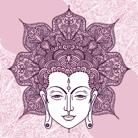 Buddha head on beautiful and magical round pattern. Can be used as greeting card for Buddha birthday, vector illustration.のイラスト素材