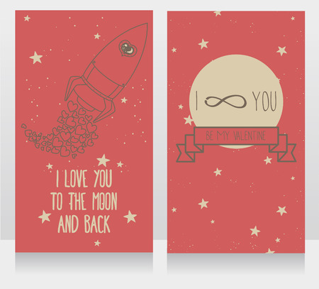 Cosmic cards for valentine's day, doodle rocket with hearts on starry sky, vector illustrationのイラスト素材